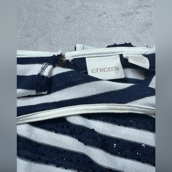 Chico’s Sequins Navy Blue White Striped Cold Shoulder Knit Blouse Size 1 (US M) - Picture 7 of 17